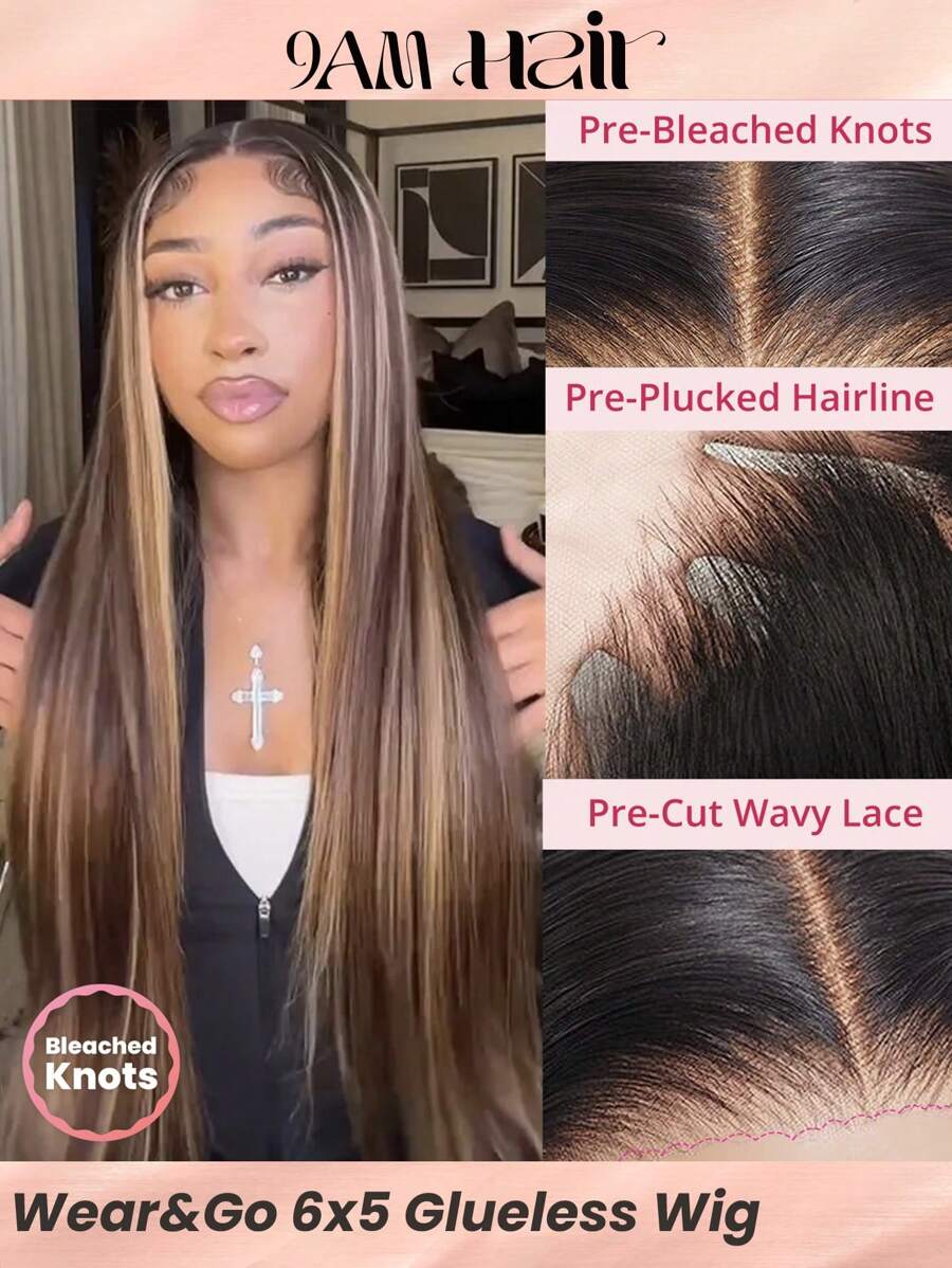 6x5 Wear&Go Glueless Highlight Straight Human Hair Wig Piano Color Mid-Length Pre Plucked Bleach Knots Pre-Cut Transparent Lace Closure Wigs 180% Density