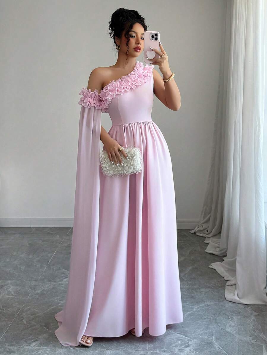 Airlisse Abito in chiffon da donna elegante e asimmetrico, con maniche ampie e arricciate, vita raccolta, linea ad A