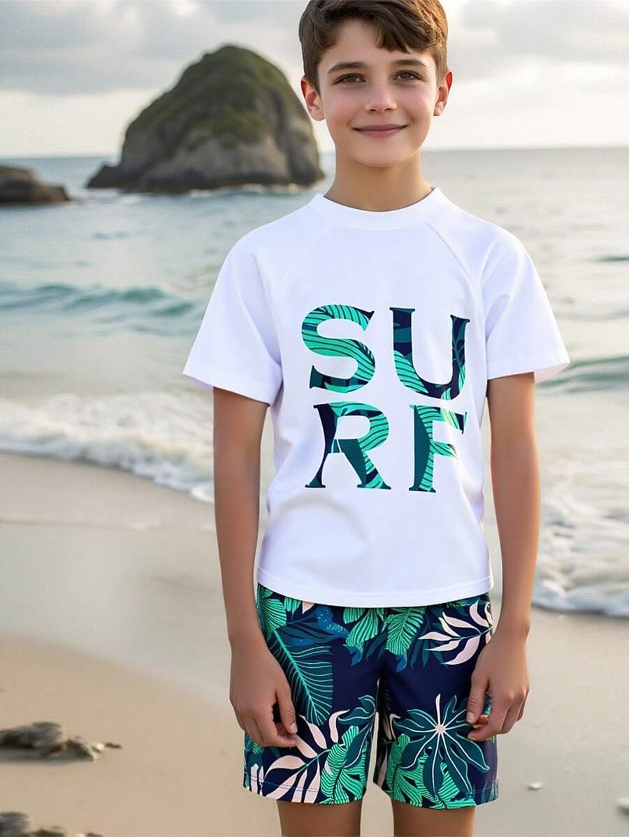 Tween Boy Random Tropical & Letter Graphic Swimsuit