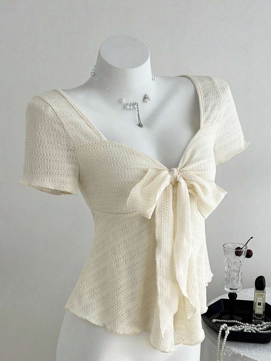 Elamini Women Casual Vacation New Tie Bow V-Neck Short Sleeve Textured Fabric Bodycon T-Shirt, Spring/Summer