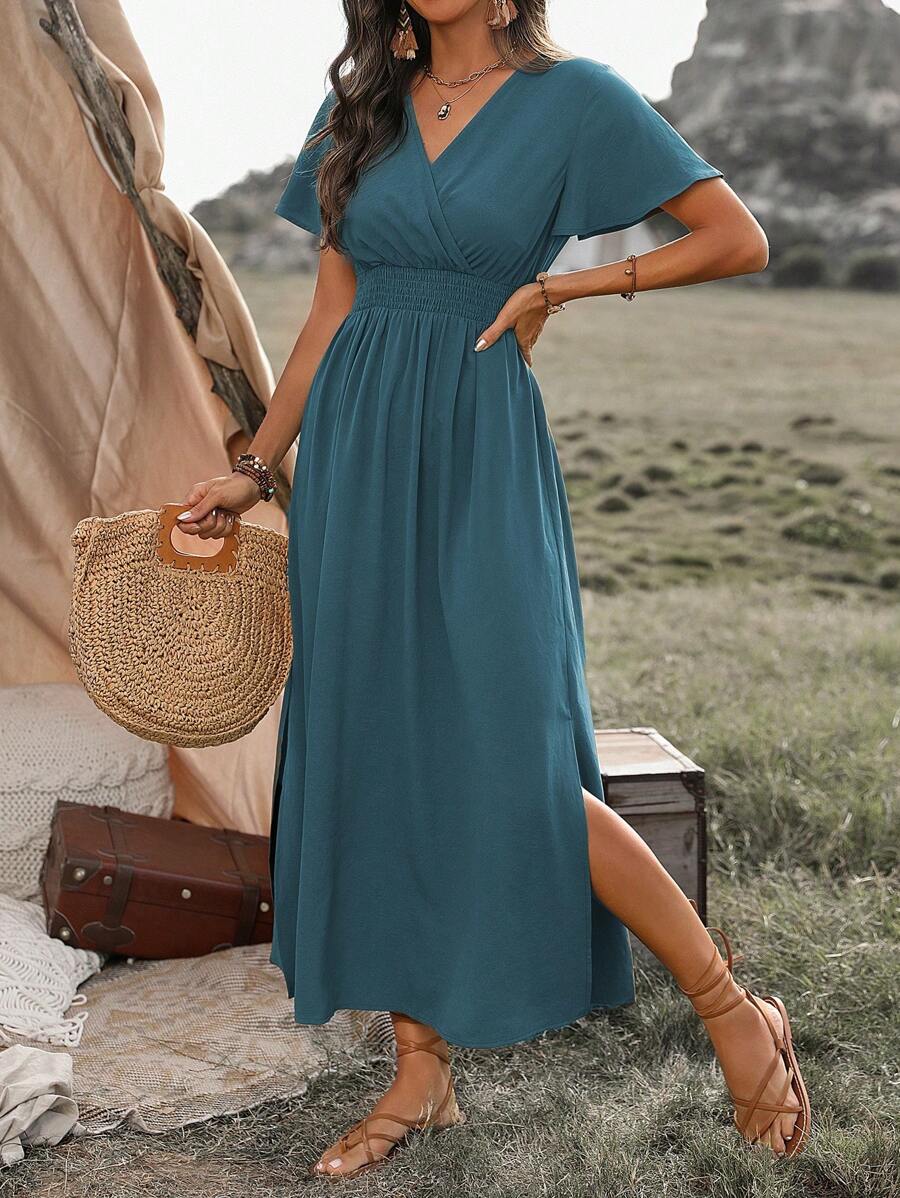Breezaya Robe longue fendue col en V de couleur unie, tenue de vacances à la plage pour femmes