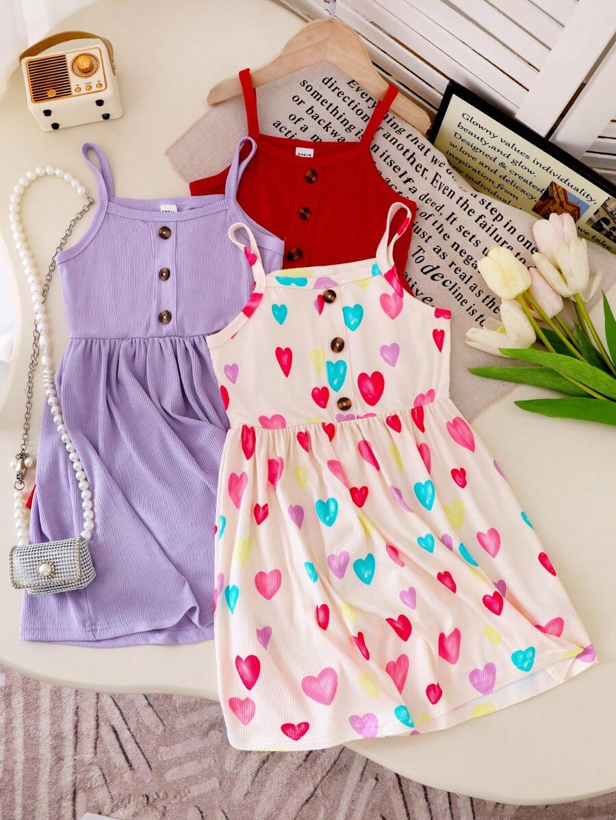 SHEIN 3 pezzi Vestito a coste multicolore senza maniche aderente e a ruota per ragazze, casual, da vacanza, carino e vivace
