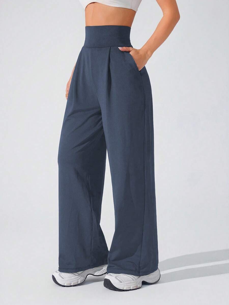 Lifespree Solid Color High Waist Pocketed Stylish Sport Pants, Suitable For Outdoor Sports