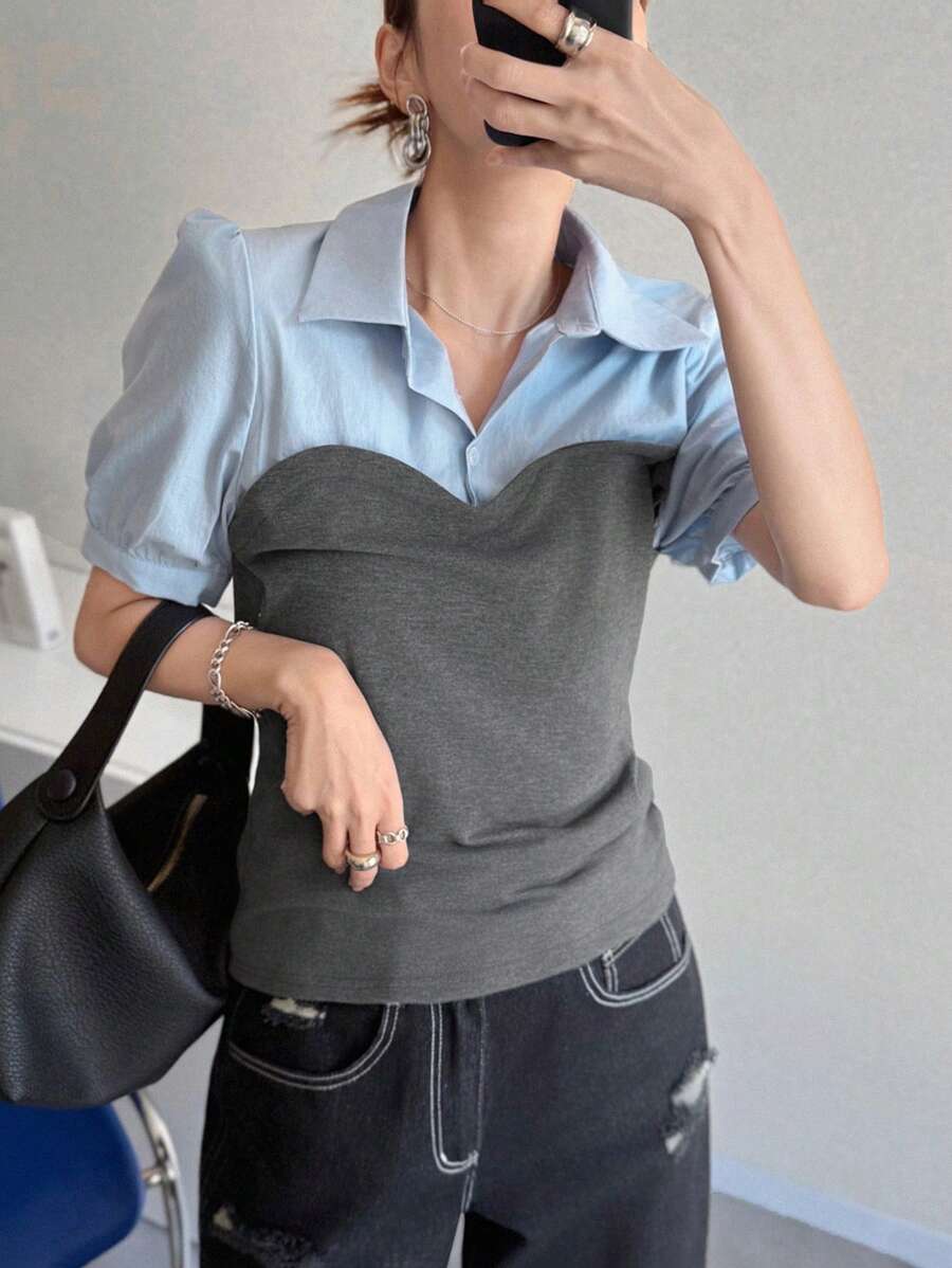 FRIFUL Camicia da donna con maniche a palloncino e blocchi di colore 2 in 1