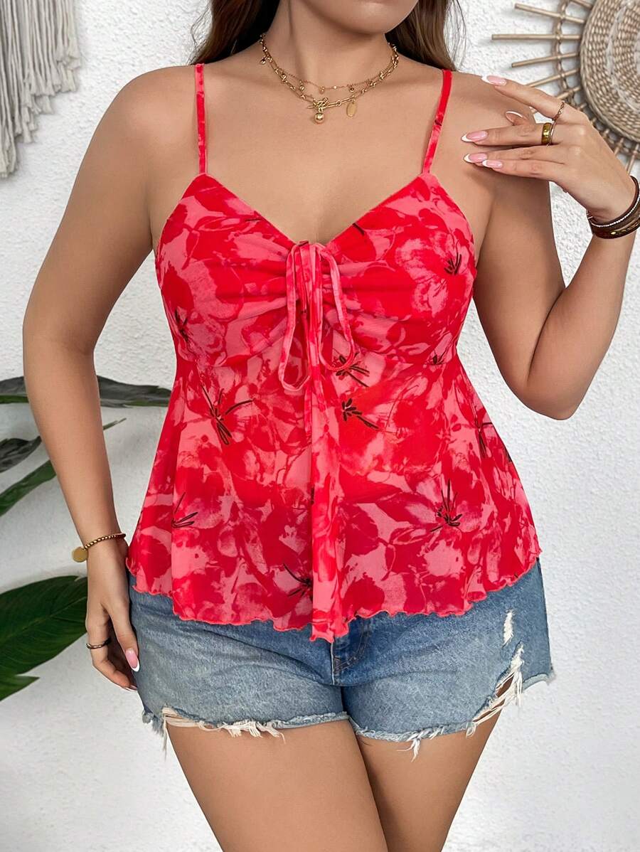 SHEIN VCAY Plus Size Women Floral Print Fashion Front Drawstring Design Camisole Vest