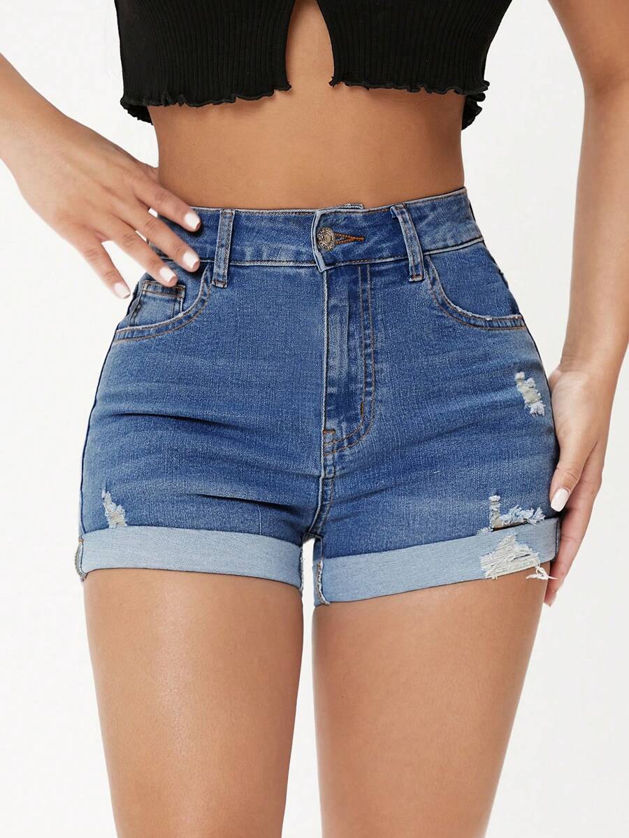 SHEIN PETITE Shorts de mezclilla de moda para mujer, apropiados para el verano