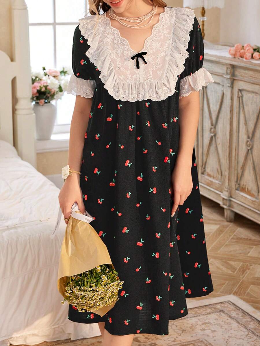 CottageSlumber Contrast Ruffle Trim Cherry Print Bubble Short Sleeve Women Nightgown Babydoll Holiday Season, Vacation