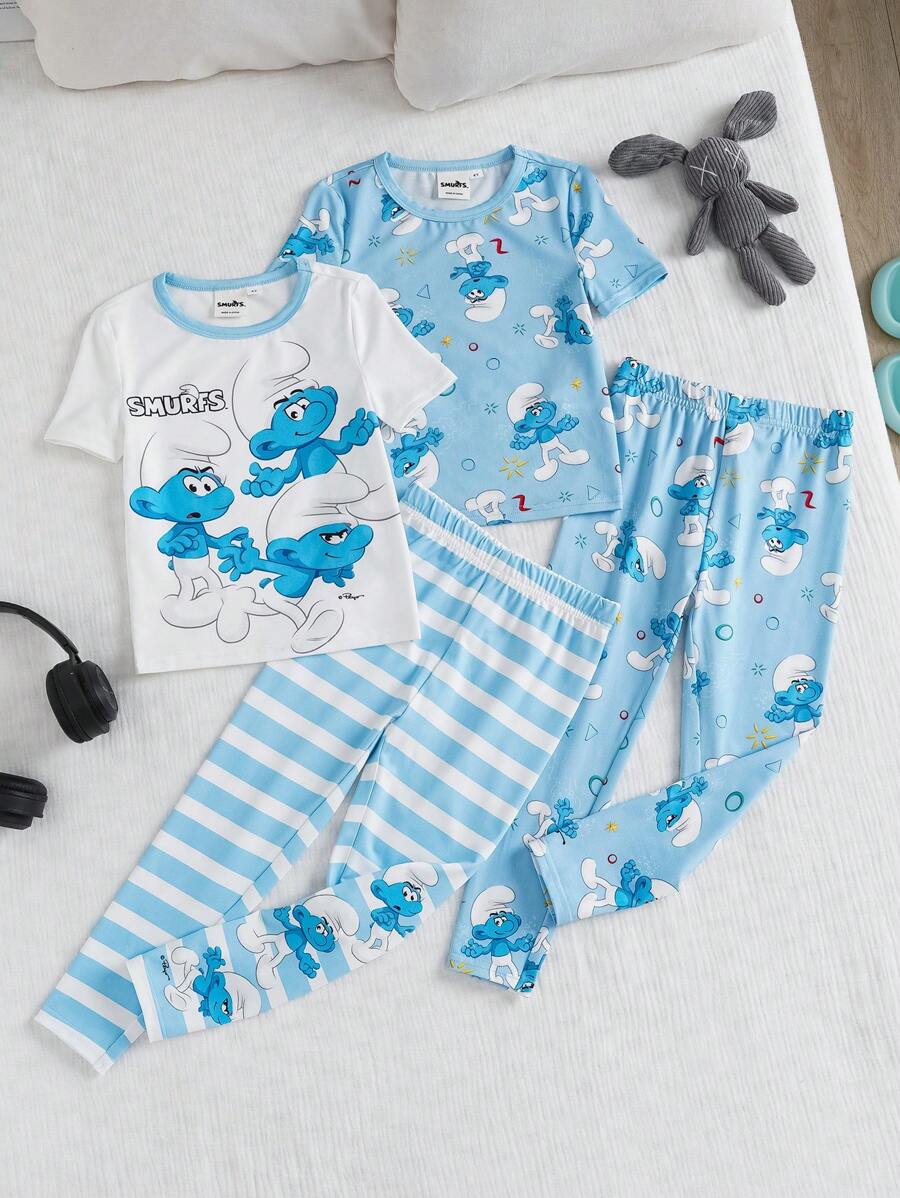 The Smurfs X SHEIN Ensemble Top manches courtes décontracté à épaules tombantes et pantalon rayé bleu pour jeune garçon, motif de bande dessinée