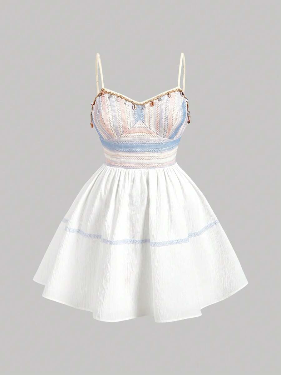SHEIN MOD Vestito mini in taglia grande per vacanze, in maglia traforata, con gonna a toppework a righe blu e bianche