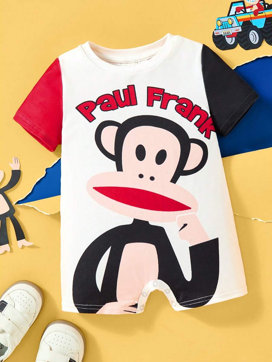Paul Frank X SHEIN Tutina casual comoda per bambini maschietti, a maniche corte, con stampa di scimmiette