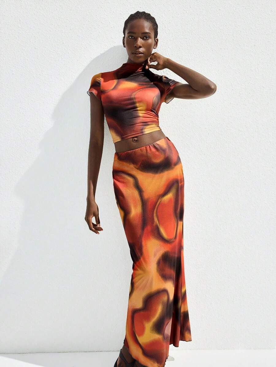 Maija Set da 2 pezzi composto da maglietta a maniche corte e gonna irregolare con effetto tie-dye, design estivo 2025, adatto per donne, camicie estive stampate, carine, eleganti e moderne, casual, per feste, spiaggia, festival musicali, brunch, ufficio, laurea, Festa di San Giovanni