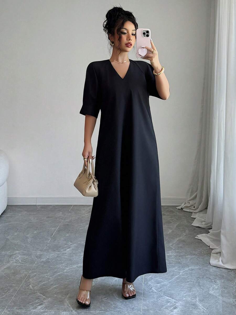 SHEIN Clasi Black Long Dress, Elegant & Graceful Design, Short Sleeve, Casual & Comfortable