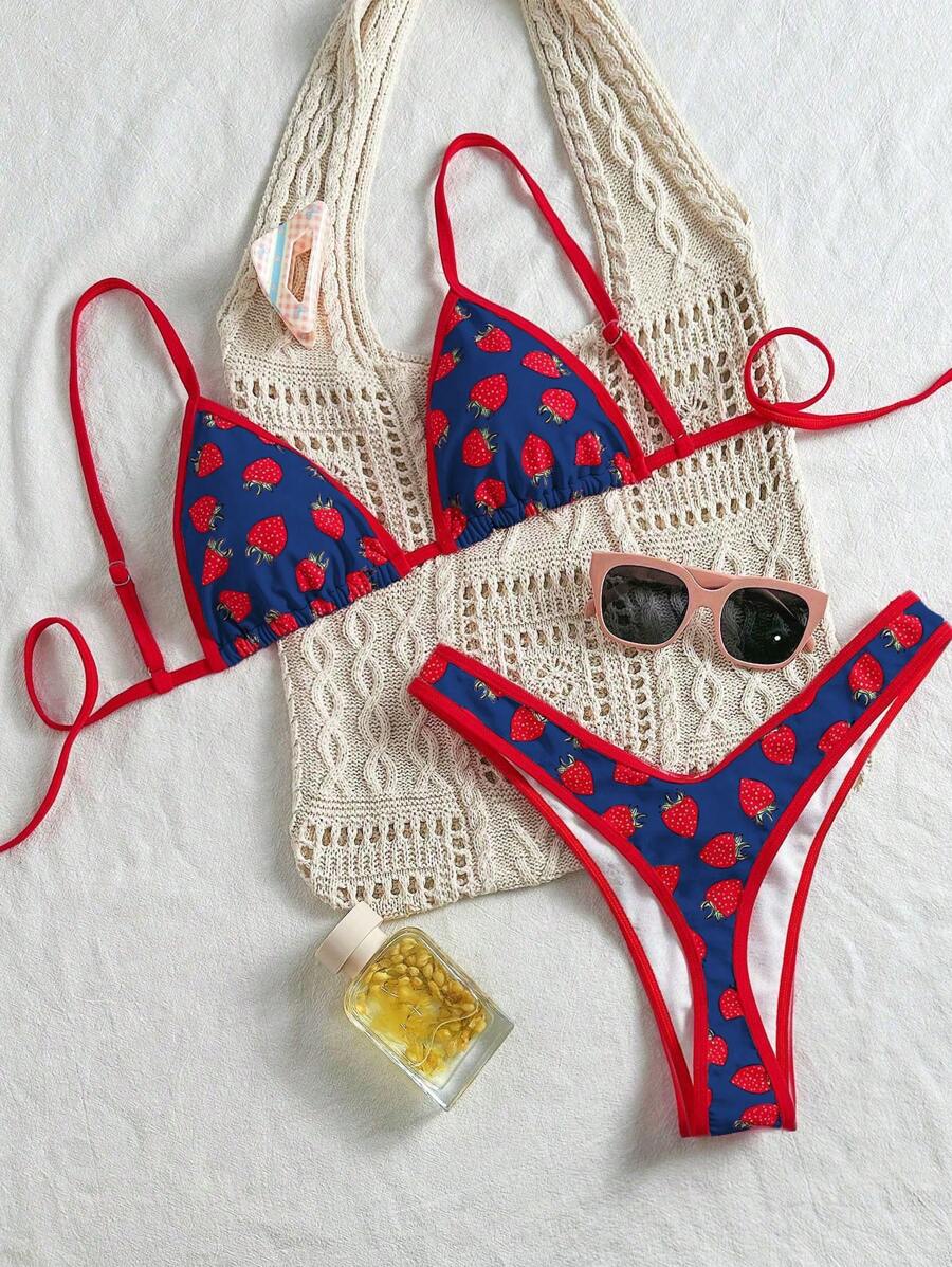 Swim Mod Sweet Strawberry Print Bikini Set, Spaghetti Strap Triangle Top & High Cut Bottom, Beach/Holiday Swimwear