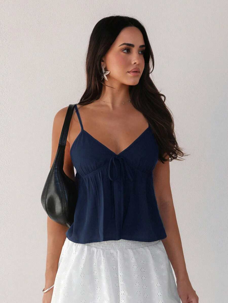 Roylia Women's Solid Color Casual Versatile Front Tie Camisole