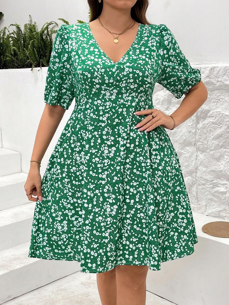Breezaya Abito da donna di taglia grande con stampa floreale, scollo a V, maniche corte, vita elastica e lunghezza al ginocchio, adatto per vacanze