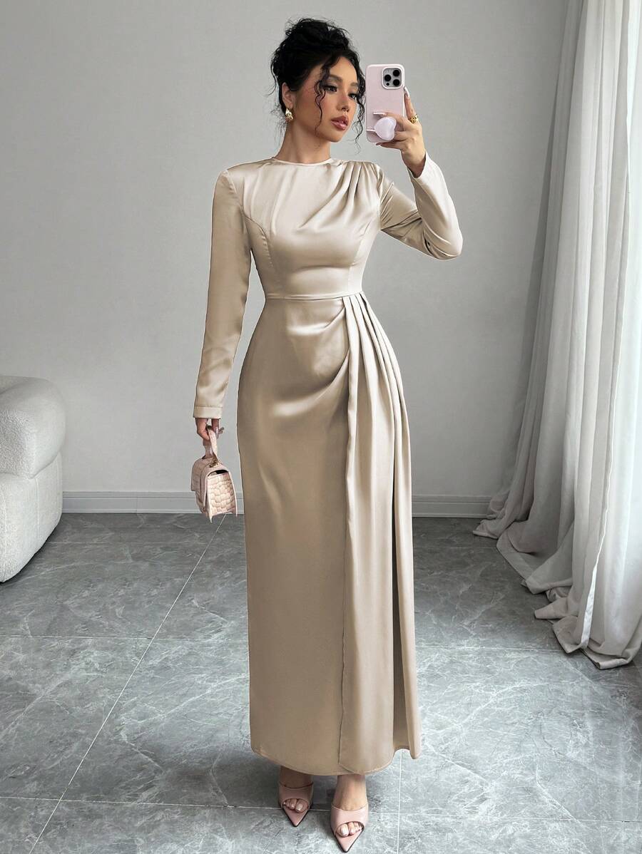 Elenzga Vestido largo con manga larga, escote en hombros fruncidos, corte de seda satinado con abertura lateral, elegante atuendo de mujer
