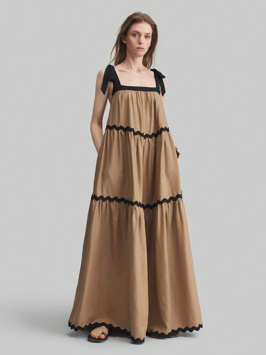 Ontre 2022 New Women Sleeveless Tie-Front Contrast Color Belted Dress, Bowknot Shoulder Tie Beach Dress For Spring & Summer