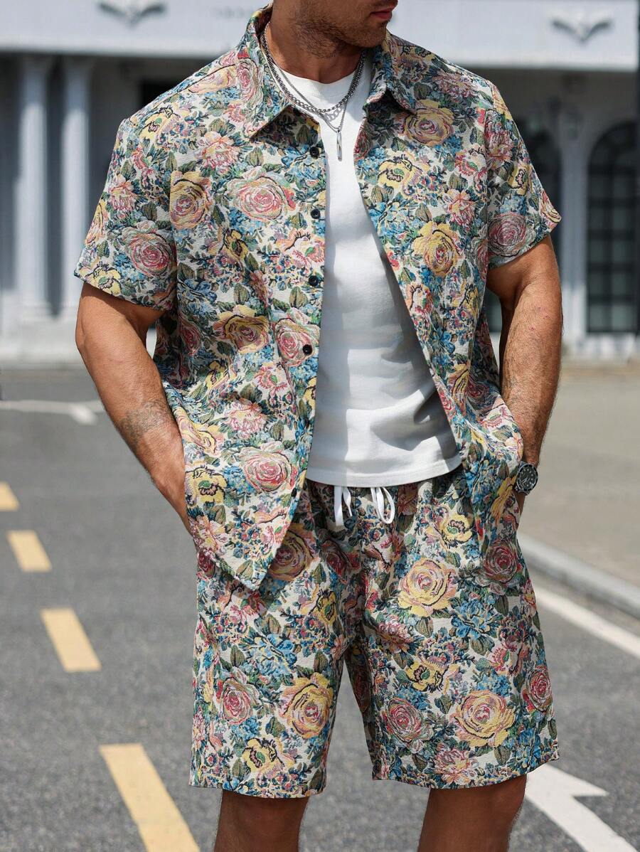Manfinity Homme 2-Piece Plus Size Men's Casual Short Sleeve Shirt Set, Polo Collar Shirt & Shorts Set, Suitable For Casual Outdoor And Vacation, Classic Vintage Rose Floral Jacquard Textured, Vacation Style, Spring/Summer