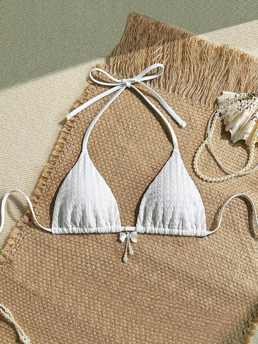Sweetra Springbreak Swim Mod Solid Color Textured Fabric Bow & Pearl Decor Halter Triangle Cup Swimwear Tops