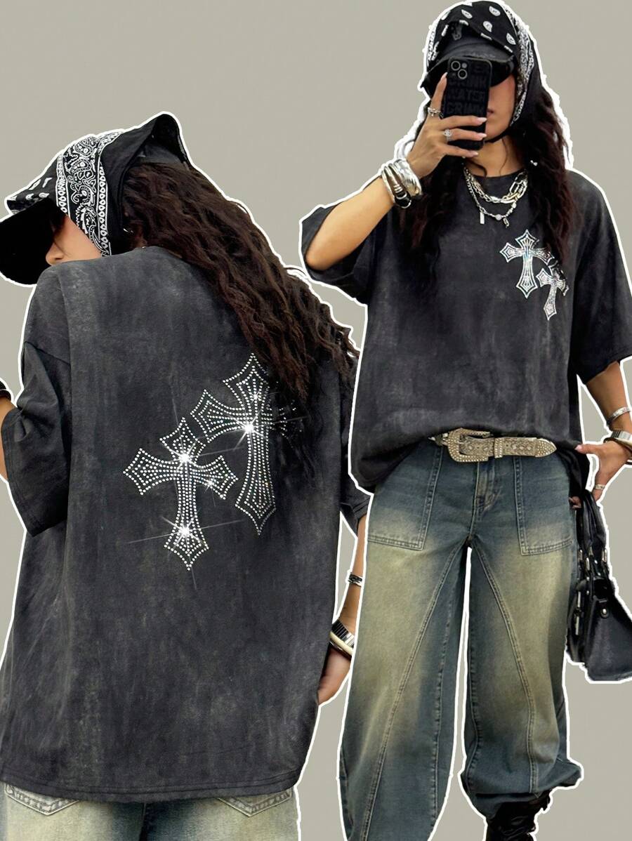 Coolane Camisetas largas con estampado de diamantes brillantes y estilo vintage de conciertos y festivales musicales de verano de mujer para el estilo callejero Y2K