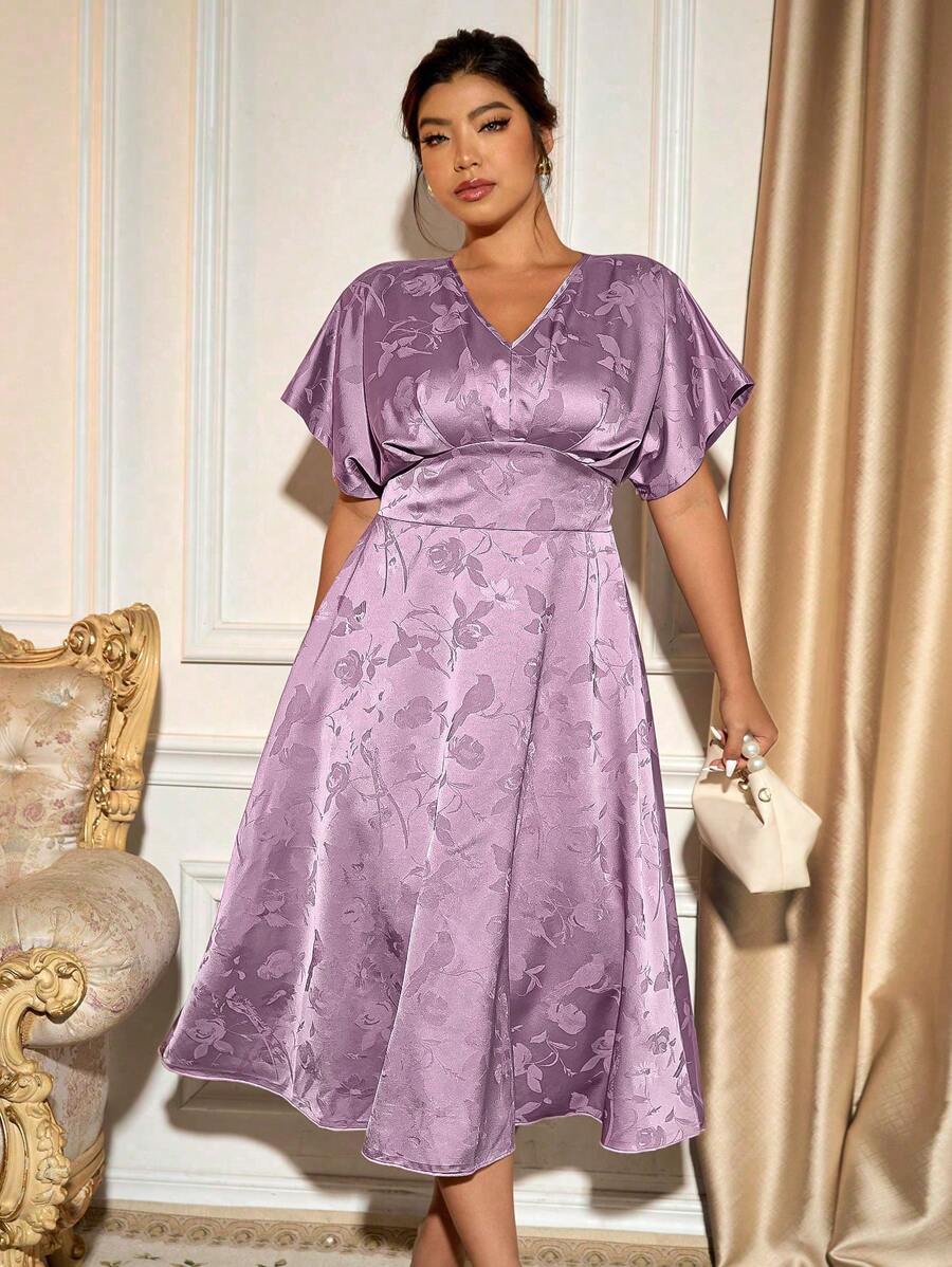 Allurite Abito elegante luccicante in tessuto jacquard con scollo a V e maniche corte, adatto per uscite, tè pomeridiano, ballo