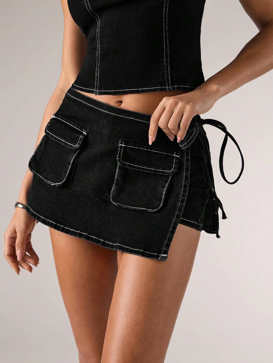 SHEIN BAE Shorts de mezclilla de verano informales para mujer con atar a los lados