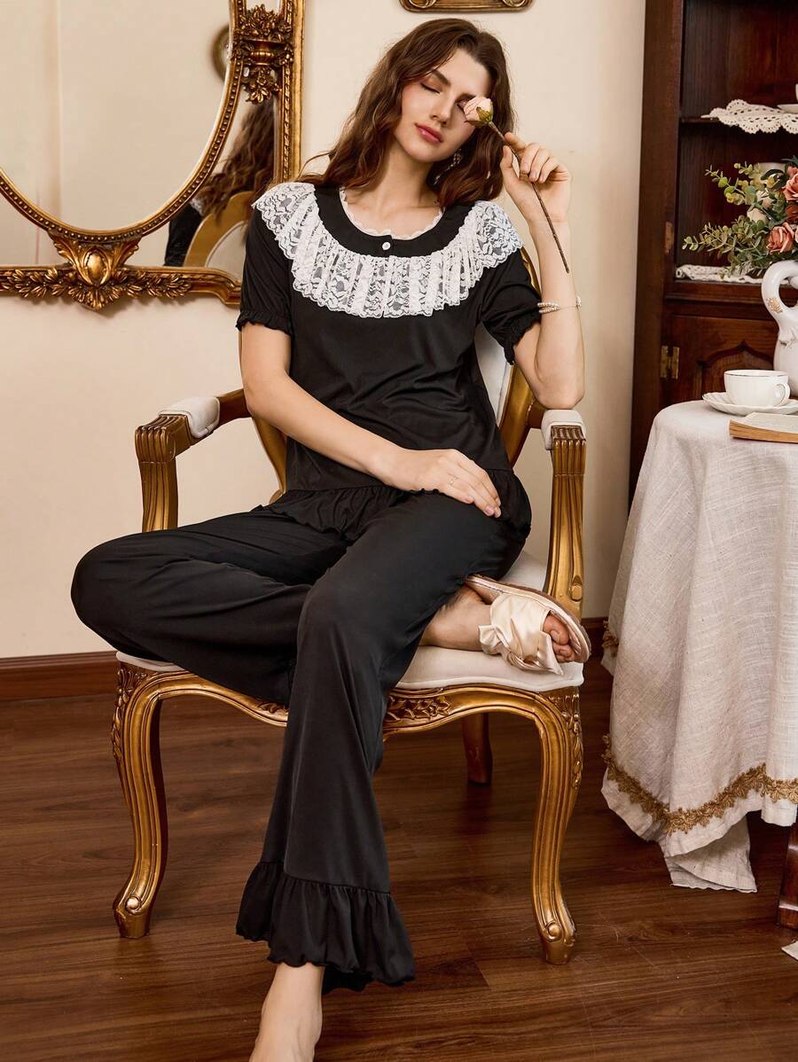 Côtesoire Women 2pcs Contrast Lace Ribbed Short Sleeve & Pants Pajama Set Holiday Season