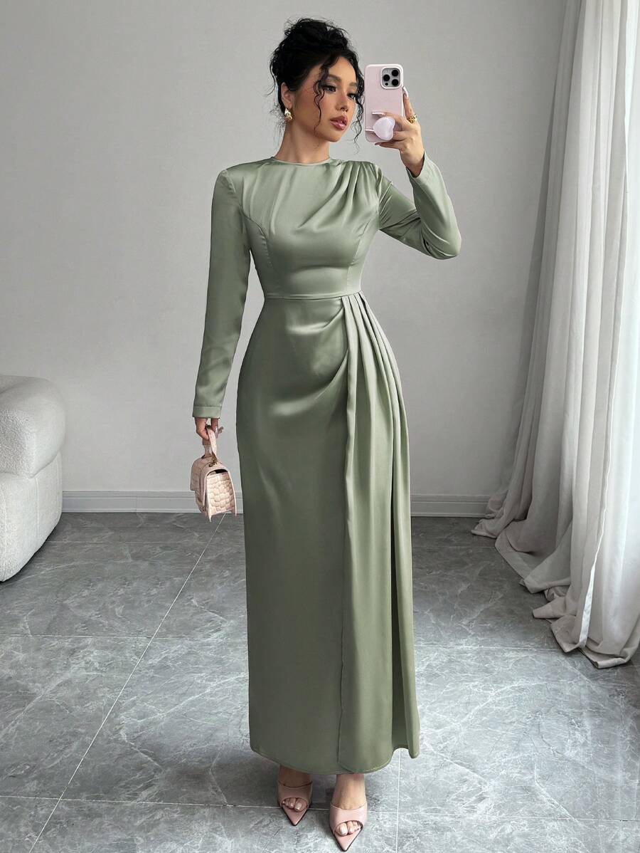Elenzga Vestido largo de mujer elegante de satén liso con hombros fruncidos, manga larga y abertura lateral - Atuendo de mujer