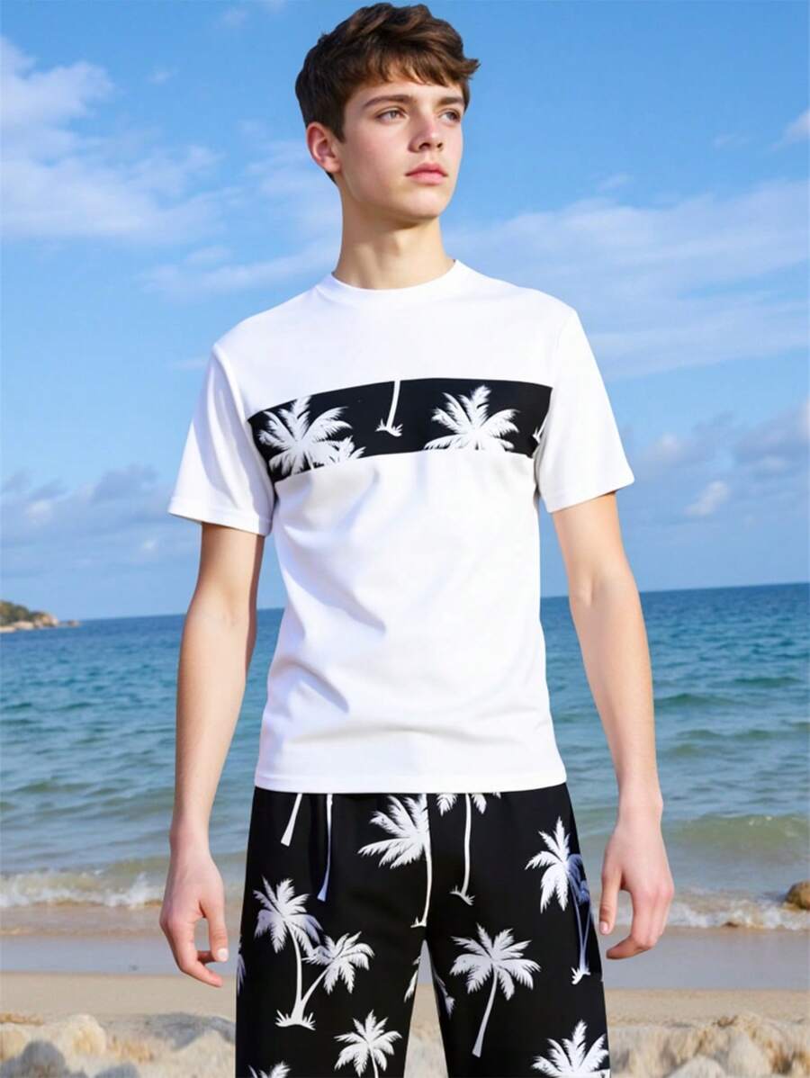 Set di abbigliamento da bagno per adolescenti, composto da top con stampa casuale e pantaloncini da bagno con stampa ed elastico in vita
