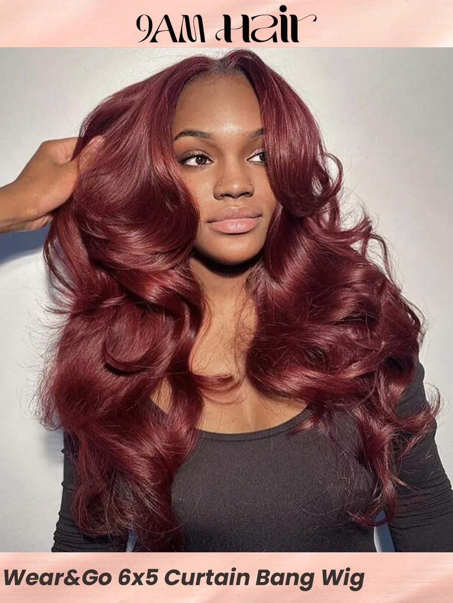 Wear&Go Glueless Curtain Bangs 99j Burgundy Body Wave Remy Human Hair Wig Pre- Plucked Bleach Knots Pre-Cut 6x5 Transparent Lace Closure Wigs 180% Density