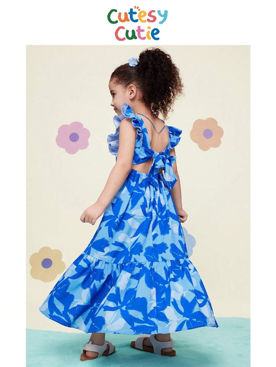 Vestido informal de gasa con estampado floral diminuto y volantes en el bajo para niñas jóvenes