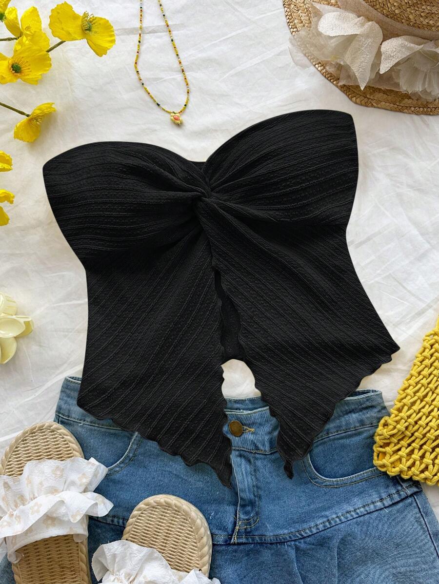 SHEIN Teen Girls Valentine's Resort Style Mustard Black Textured Tube Top With Front Twist, Frill Trim Fitted Blouse. Suitable For Afternoon Tea, Streetwear, Vacation, Layering Or Party Wear, Autumn/Winter/Cute/Vacation
