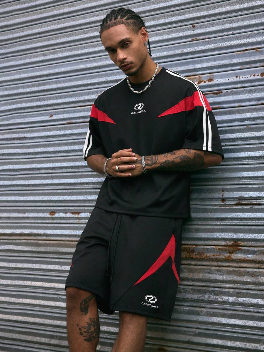 AXEPEAK Set de 2 piezas de camiseta de manga corta de cuello redondo y pantalones cortos con ajuste holgado de moda urbana para hombre, conjunto de verano