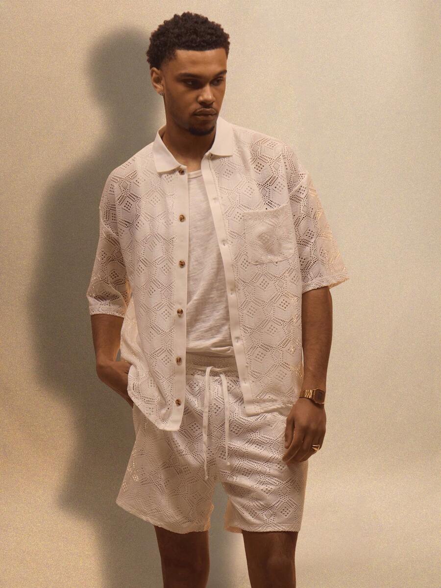 Musero Casual Smart Street Style Oversized Textured Button Through Short Sleeve Shirt Only For Summer Holiday Vacation