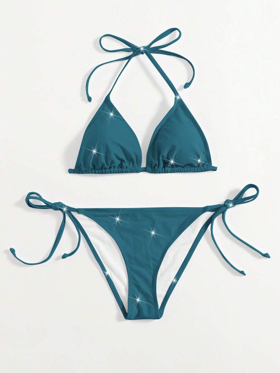 Swim Mod 2 piezas Conjunto de bikini de tanque de color azul verdoso sólido brillante, traje de baño elegante y casual para primavera, verano, playa, fiesta y vacaciones
