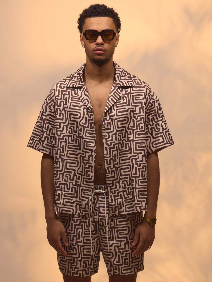 Musero Abstract Print Button Through Short Sleeve Shirt Only Summer Street Style Holiday Vacation Casual