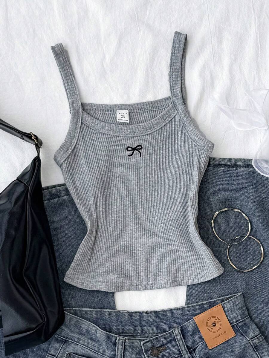 Teenager Mädchen Grau Gestrickte Schleife Bestickte Top Mini Süß Lässig Weste, Frühling und Sommer, Basic, Alltag, Vielseitig, Schulanfangszeit, Baumwolle