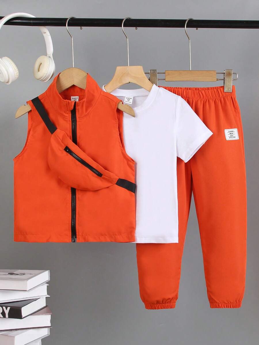 Set de 4 piezas para niños: Camiseta de manga corta casual + Chaleco sin mangas + Pantalones sueltos de cintura elástica + Bolso bandolera, ligero y cómodo para uso al aire libre