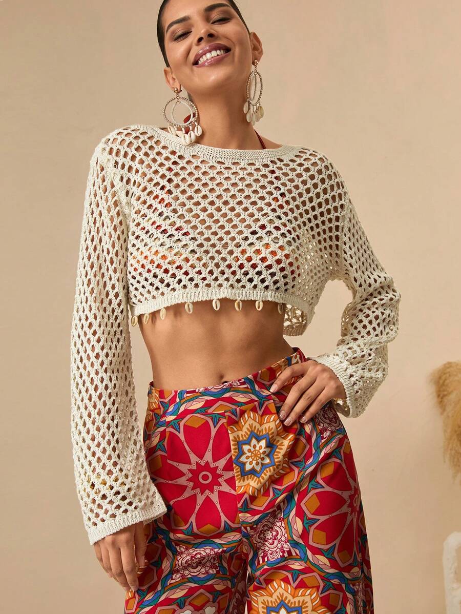 Bóhologie Cubre para mujer de unicolor con detalles calados y dobladillo estilo bohemio