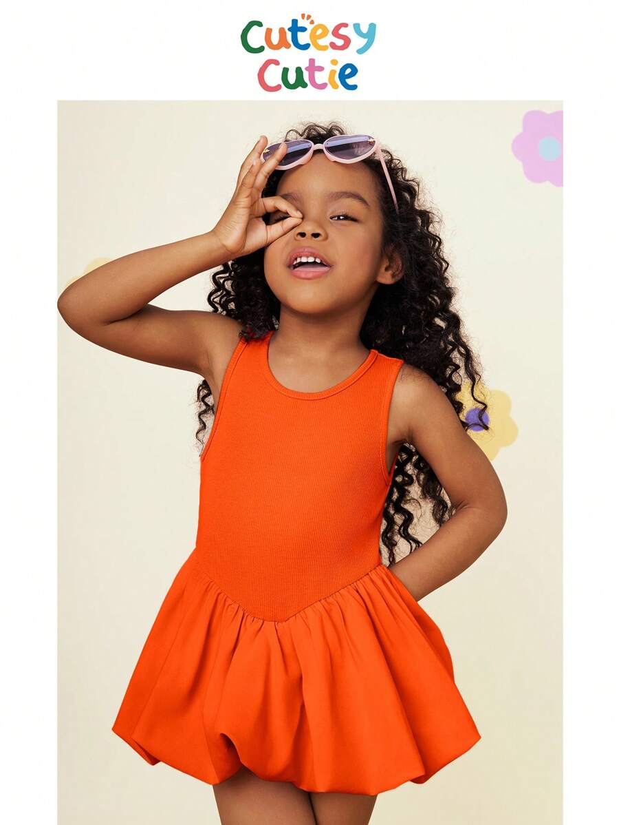 SHEIN Young Girl Solid Color Knit Round Neck Patchwork Woven Snug Fit Dress