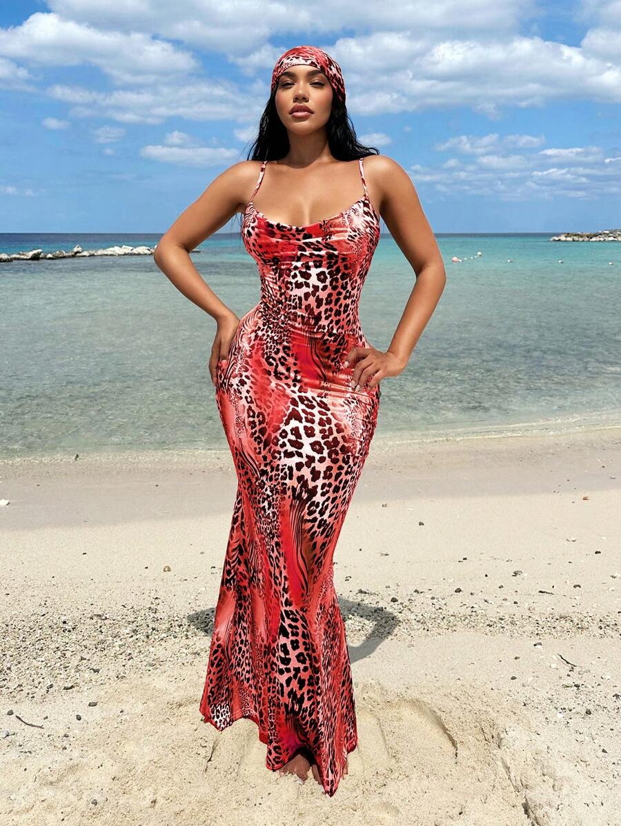 SHEIN SXY Vestido escotado de tirantes finos con estampado de leopardo en estilo bohemio y playa para mujer, para verano