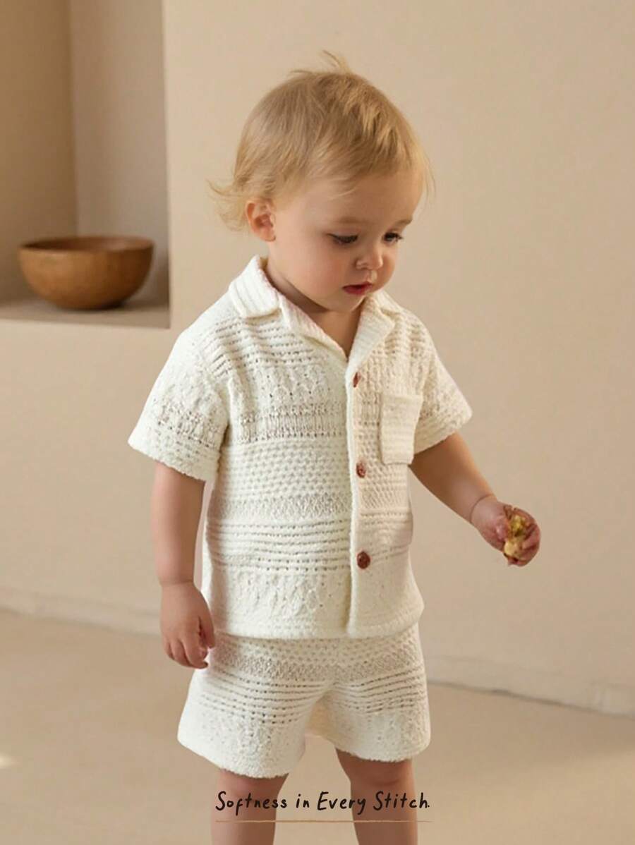 Cozy Pixies 2pcs/Set Baby Boy Color Block Knit Soft Collared Short Sleeve Top And Elastic Waist Shorts Set