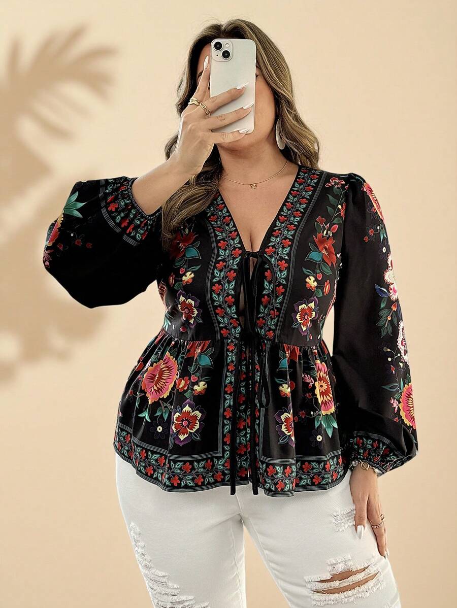 Sunserae Camisa tipo cárdigan de manga larga con estampado floral, de corte holgado y con cintura anudada, talla grande