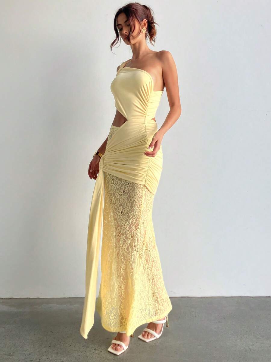 Aloruh Abito mini sexy con vita in pizzo giallo e inserti in pizzo, senza maniche, per donna
