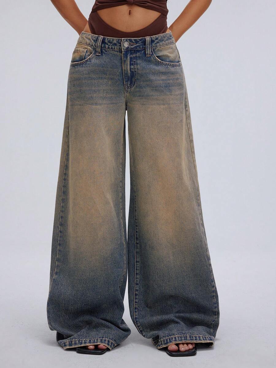 TRNVIE Jeans anchos de mujer informales con lavado ácido, bolsillos de ángulo y piernas anchas