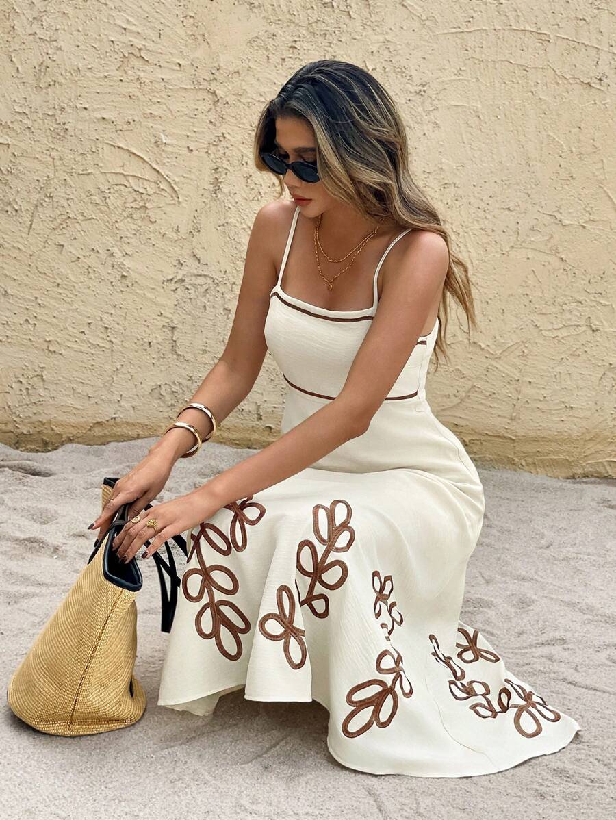SHEIN Frenchy Vestido de vacaciones con bordado de hojas en los tirantes para mujer, verano