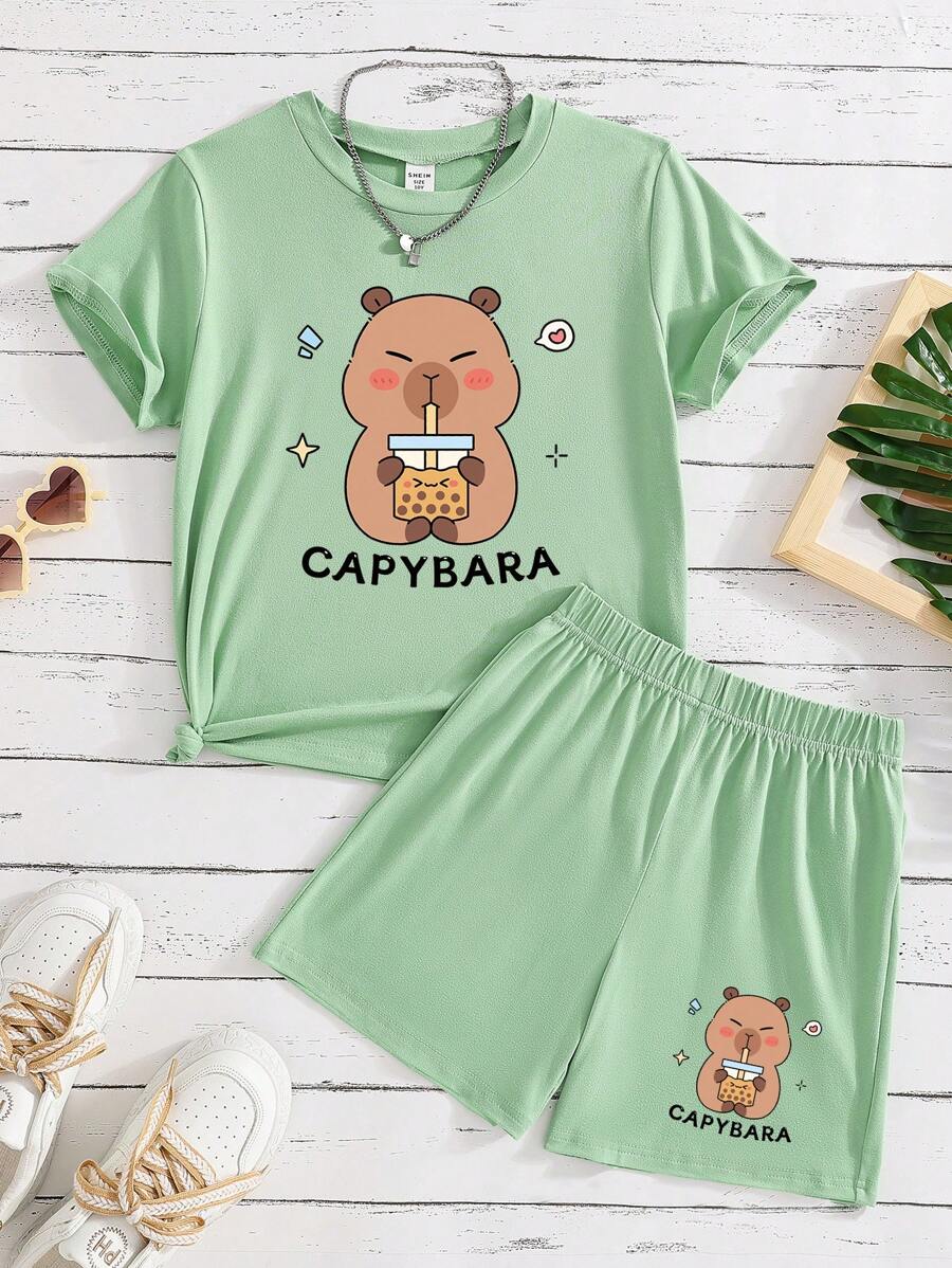 GraphicGems 2pcs/Set Tween GirlsCute Capybara Milk Tea Print Round Neck Short Sleeve T-Shirt And Shorts Green Two Pieces Suit, Summer Young Girls Sets Summer