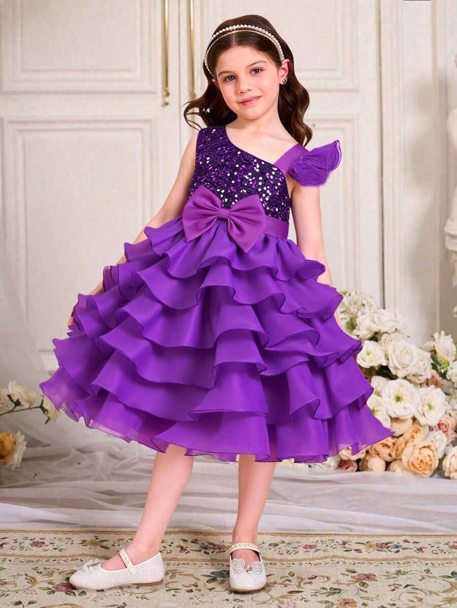 SHEIN Vestido de princesa para niña con detalles de lazos con lentejuelas y velo de tul multicapa