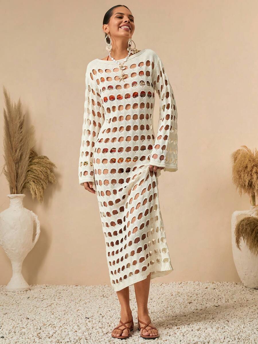 Bóhologie Femmes Cache-maillot maxi ajouré de couleur unie