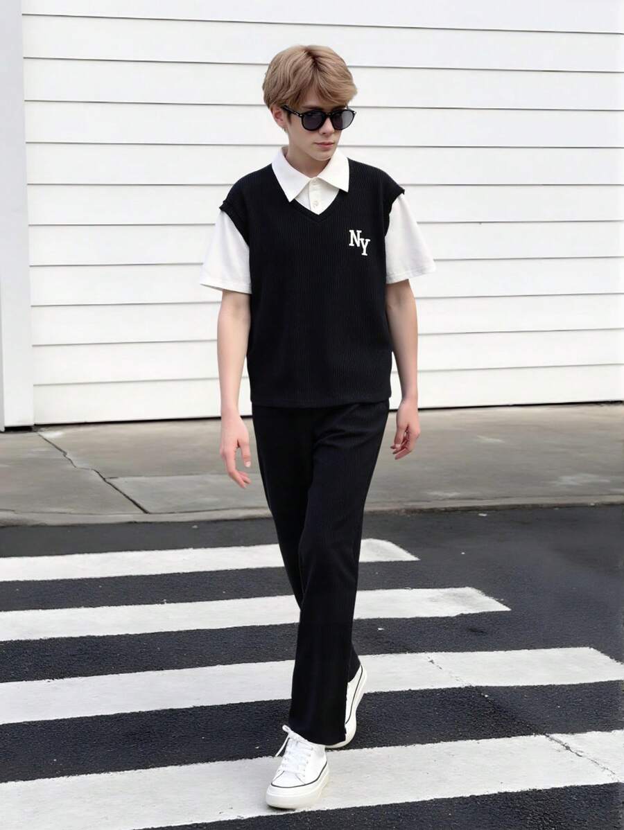 2pcs/Set Teen Boy Classic Black & White Color Teens Boys 2 In 1 White Shirt Vest Tee + Elastic Waist Casual Pants Outfit